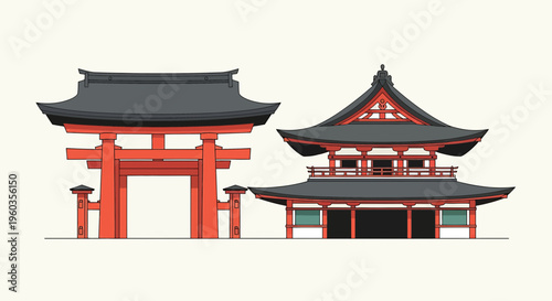 Traditional japanese architecture, red torii gate and temple building, illustration of ancient asian shrine, cultural landmark, oriental style design, flat vector graphic