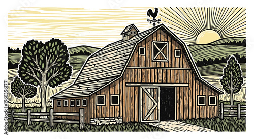 Rustic wooden barn in a rural landscape with a sunrise, trees, and a fence, illustrated in a vintage woodcut or linocut style