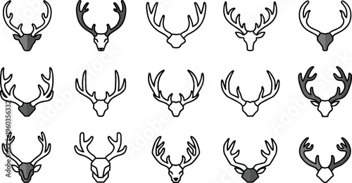 Deer Antler Vector Icon Set with Minimal Line Art Stag Horn Designs for Hunting, Wildlife, Nature Logos, Rustic Branding, and Outdoor Graphic Elements