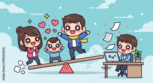 Cartoon illustration of a family balancing work and life with a businessman on a seesaw against a blue sky with clouds.