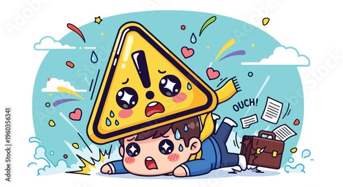 Cartoon illustration of a shocked child lying on the ground with a warning sign on their head, surrounded by colorful confetti and papers, conveying a playful and chaotic mood against a