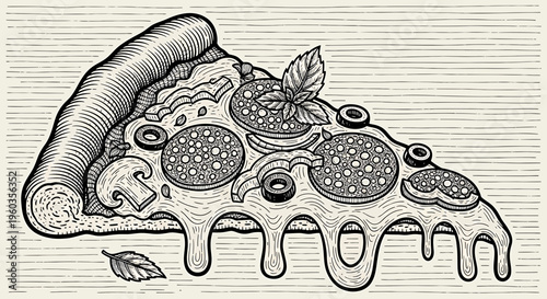 Hand drawn slice of pizza with pepperoni, mushrooms, olives and basil leaves, vintage engraving style illustration, delicious fast food concept, black and white sketch
