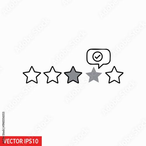 Five stars with one grayed out, and a speech bubble with checkmark