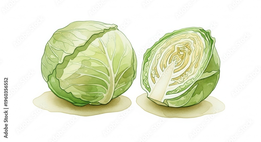 Obraz premium Fresh Cabbage in Soft Pastel Watercolor Illustration, High Resolution