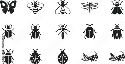 Minimal Insect Icon Set with Butterfly, Bee, Dragonfly, Beetle, Ladybug, Ant, and Grasshopper Silhouettes for Modern UI, Apps, Nature, and Biology Design