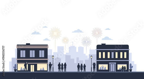 People gather in a city to watch fireworks explode in the night sky above buildings