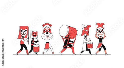 Figures in traditional masks and costumes participate in a vibrant cultural parade with drums.