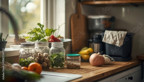 Wallpaper Mural Culinary Corner: A sunlit kitchen scene showcasing a collection of fresh ingredients, ripe fruits, and a selection of preserved items arranged artfully on a wooden countertop near a window. Torontodigital.ca
