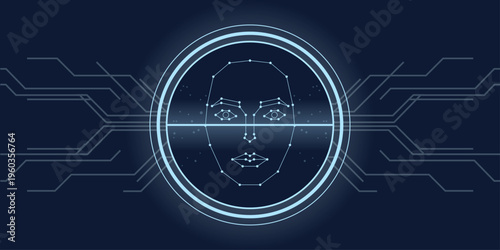 Facial recognition scan. Human face outline with geometric grid markers and circular scanning ring. Connected authentication network and orbiting scan particles.