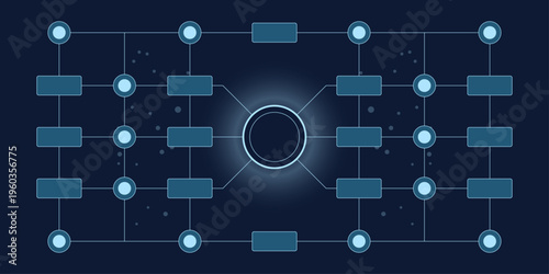 Network verification system. Central authentication node with structured grid network connections and flowing signal particles. Connected nodes forming secure access infrastructure. 