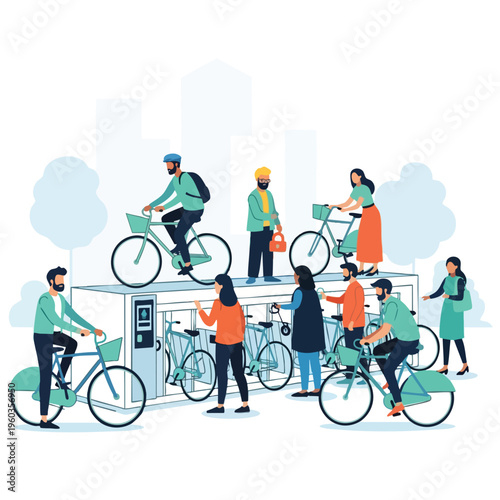 People interacting with a bicycle sharing station in an urban setting