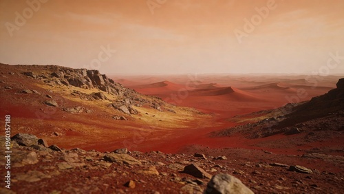 Red mars desert dunes and rocky terrain under hazy orange sky