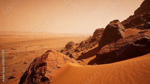 Red mars rocky desert dunes and boulders under hazy orange sky
