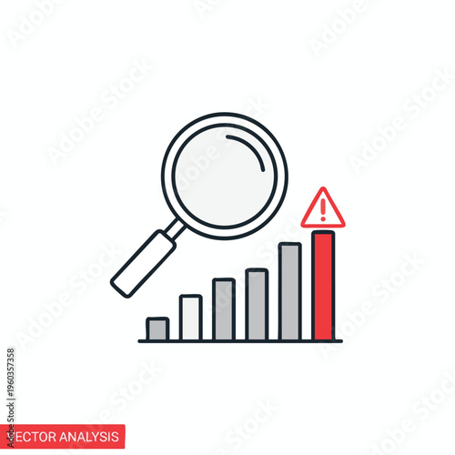 Magnifying glass over bar chart with warning sign on highest bar