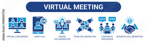 Virtual Meeting web banner icon vector illustration concept with icons of virtual conference, video call, online collaboration, team collaboration, corporate discussion, and business collaboration.