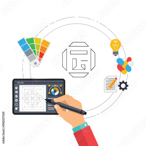 Hand using stylus on tablet with design tools, color palette, lightbulb, 80-char