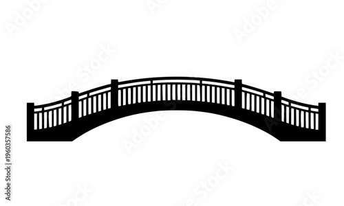 Black silhouette of an arched pedestrian bridge with decorative railing — classic stone bridge vector illustration for architecture, travel, and landscape design concepts