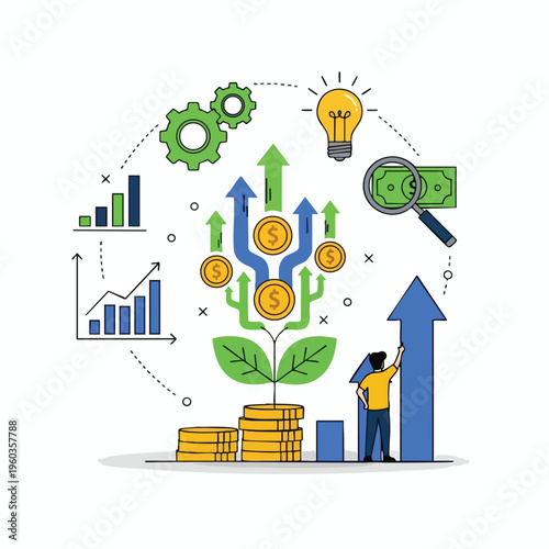 Businessman helps chart growth with upward arrows, coins, and gears