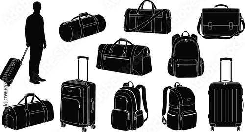 Vector illustration of various travel bags and luggage silhouettes, including suitcases, backpacks, duffel bags, briefcase, showcasing travel essentials, packing, journey preparation