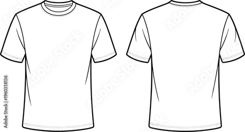 Vector, technical, sketch, of, a, blank, crew, neck, t-shirt, front, and, back, view, for, apparel, manufacturing, and, fashion, design, template