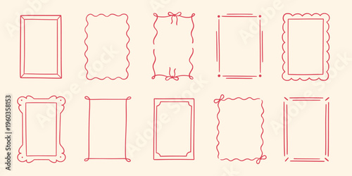 Border hand drawn line frame set. Hand drawn border line frame ribbon bow ornament vintage wedding card. Cute romantic valentine invite decoration elegant love poster design. Vector illustration