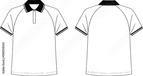 Vector, technical, sketch, of, a, blank, raglan, polo, shirt, front, and, back, view, for, apparel, manufacturing, and, fashion, design, template