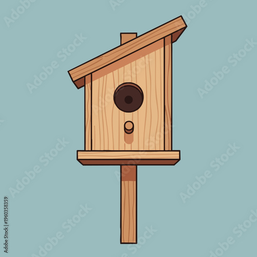 Simple wooden birdhouse with a perch and entrance hole on a pole