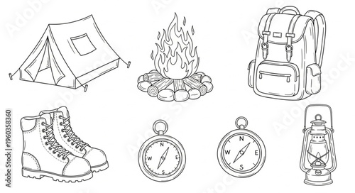 Camping Essentials - Tent, Fire, Backpack, Boots, Compass, and Lantern.