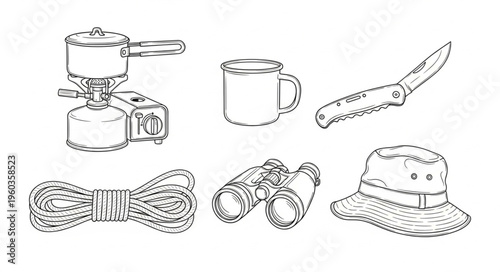 Camping Gear Essentials - Stove, Mug, Knife, Rope, Binoculars, Hat.