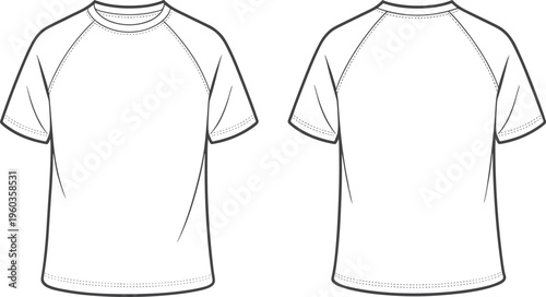 Vector, technical, sketch, of, a, blank, raglan, sleeve, t-shirt, front, and, back, view, for, apparel, manufacturing, and, fashion, design, template