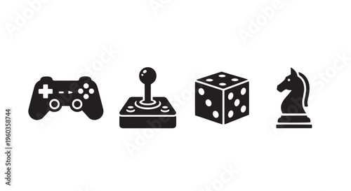 Gaming Icon Set Game Controller Joystick Dice Chess Piece, Simple Solid Black Icons, White Background