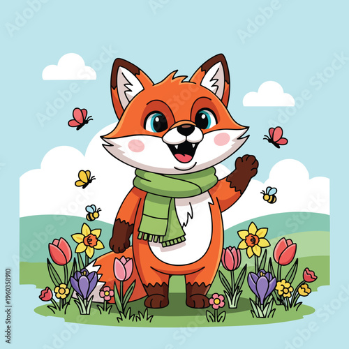 Joyful fox wearing a scarf in a field of colorful spring flowers and flying insects