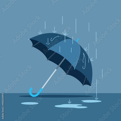 Open umbrella shields from rain, with puddles forming on a flat surface