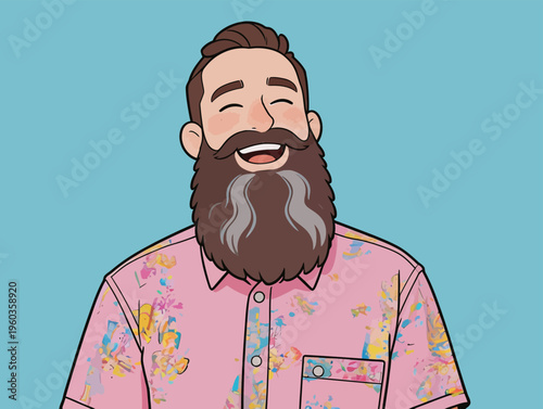 Man with beard smiles while wearing a colorful shirt against a solid background