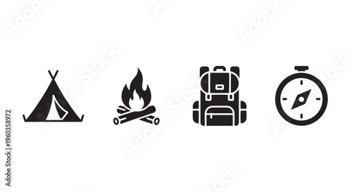 Camping Icon Set Tent Campfire Backpack Compass, Solid Black Minimal Outdoor Icons, White Background
