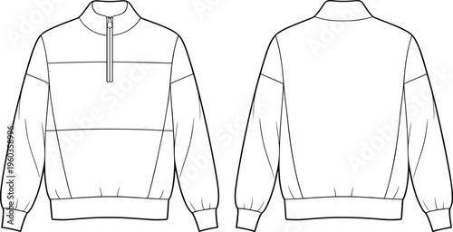 Vector, technical, sketch, of, a, mens, quarter, zip, sweatshirt, jacket, featuring, color, block, panels, front, and, back, view, for, manufacturing