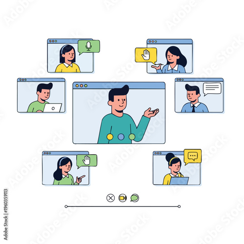 Diverse people in video call windows communicate and interact with icons