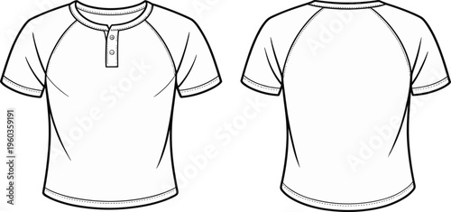 Vector, technical, sketch, of, a, mens, short, sleeve, raglan, henley, t-shirt, with, button, placket, front, and, back, view, for, manufacturing