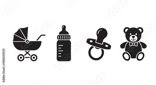 Baby Care Icon Set Stroller Bottle Pacifier Teddy Bear, Simple Solid Black Icons, White Background