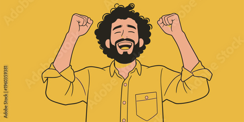 Man celebrating with raised arms and a big smile in front of a bright yellow background while wearing a yellow shirt