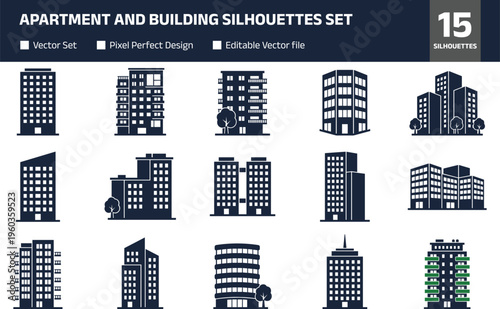 Apartment and building silhouettes set, urban residential and commercial structures collection, city architecture vector illustration isolated on white background