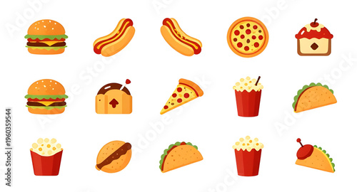 fast food icons set with pizza burger hotdog fries isolated on white background, burger pizza hotdog icon collection vector illustration for restaurant menu design, fast food icon set illustration for