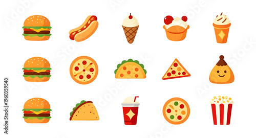 fast food icons set with pizza burger hotdog fries isolated on white background, burger pizza hotdog icon collection vector illustration for restaurant menu design, fast food icon set illustration for