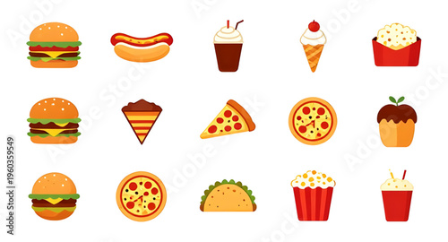 fast food icons, burger icon, pizza icon, hotdog icon, fries icon, sandwich icon, taco icon, soda icon, drink icon, food icon set, fast food set, snack icons, meal icons, takeaway food, food delivery,