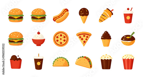 fast food icons, burger icon, pizza icon, hotdog icon, fries icon, sandwich icon, taco icon, soda icon, drink icon, food icon set, fast food set, snack icons, meal icons, takeaway food, food delivery,