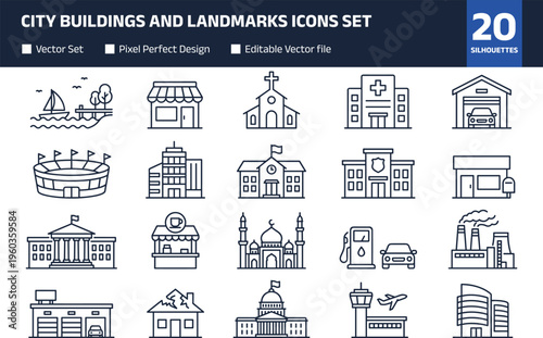 City buildings and landmarks icons set, architecture collection with church, hospital, school, airport and stadium vector outline illustration isolated on white