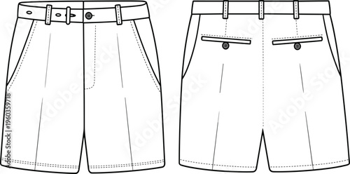 Vector, technical, sketch, of, blank, tailored, shorts, featuring, side, pockets, and, buckled, belt, front, and, back, view, for, apparel, manufacturing