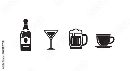 Beverage Icon Set Wine Bottle Cocktail Glass Beer Mug Coffee Cup, Solid Black Simple Icons, White Background