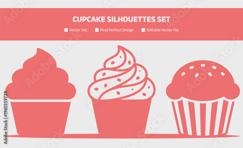 Cupcake silhouettes set, dessert bakery collection, sweet muffins with frosting vector illustration isolated on white background for food design