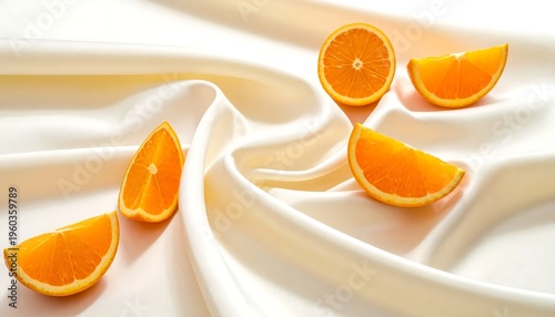 Vibrant Orange Slices on Creamy Fabric - A Refreshing Still Life.